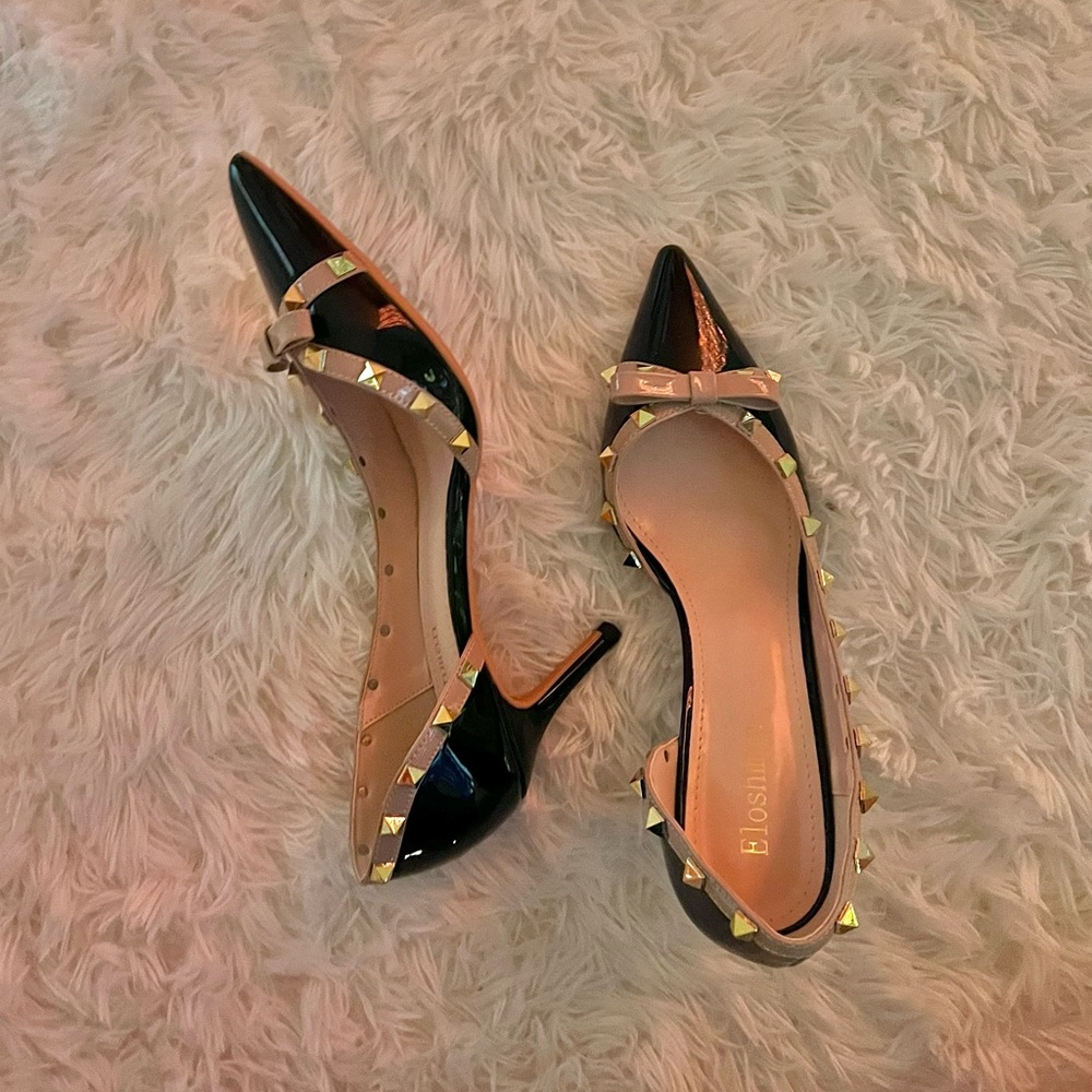 Black Shoes Bowtie Cut Out Sexy Studded Pumps 3" Heels Pointed Toe Rock Stud 9US - Picture 2 of 3